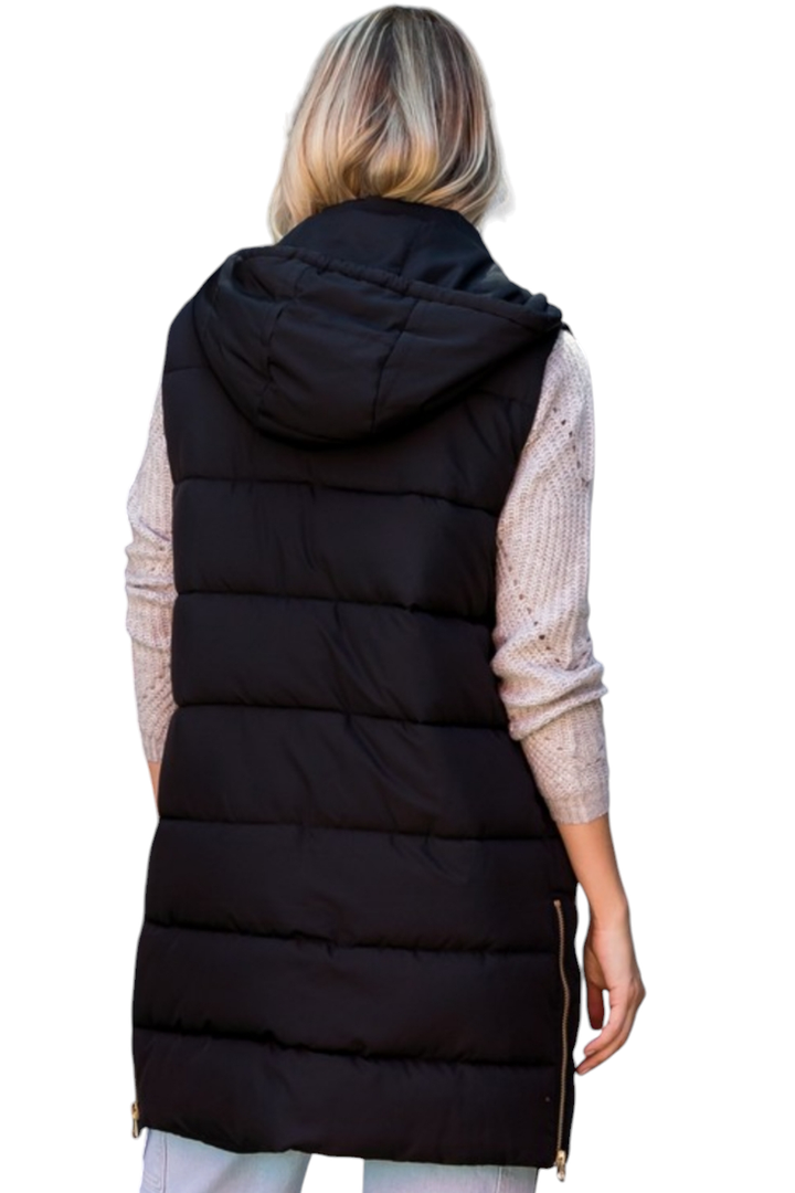 Black Zip-Up Long Puffer Vest