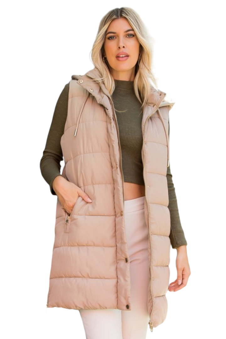 Light Taupe Zip-Up Long Puffer Vest