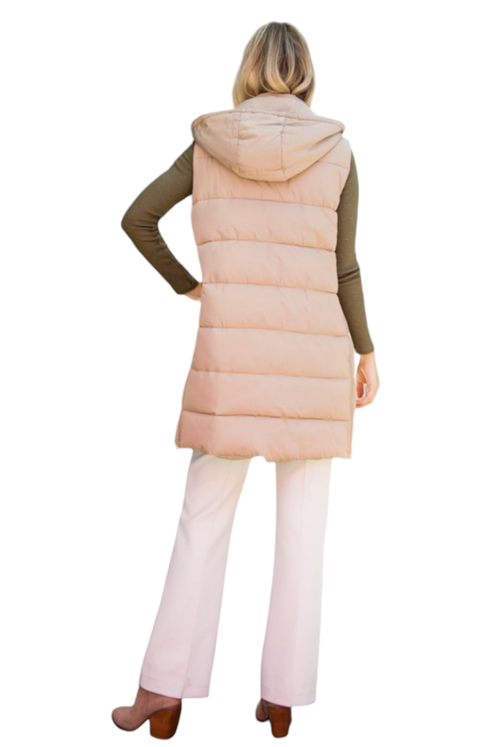 Light Taupe Zip-Up Long Puffer Vest