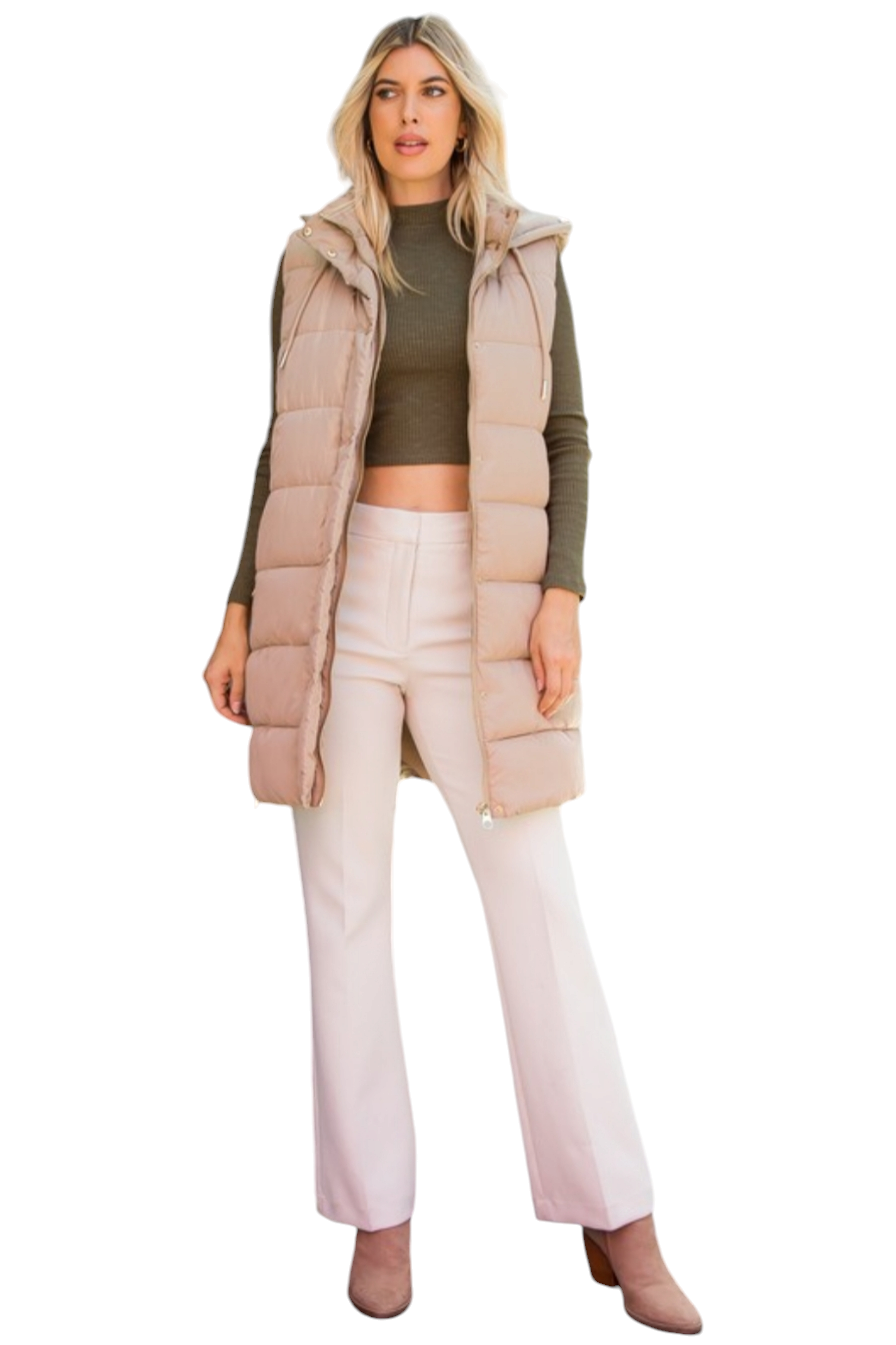 Light Taupe Zip-Up Long Puffer Vest