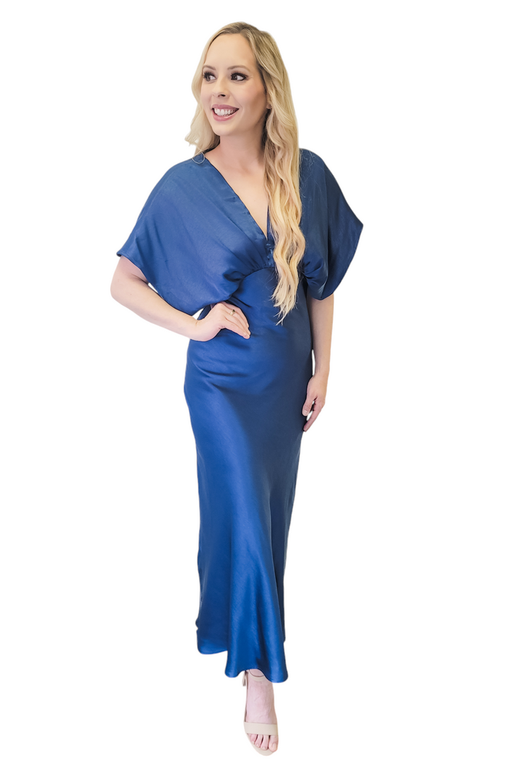 Navy Satin Butterfly Sleeve Maxi Dress