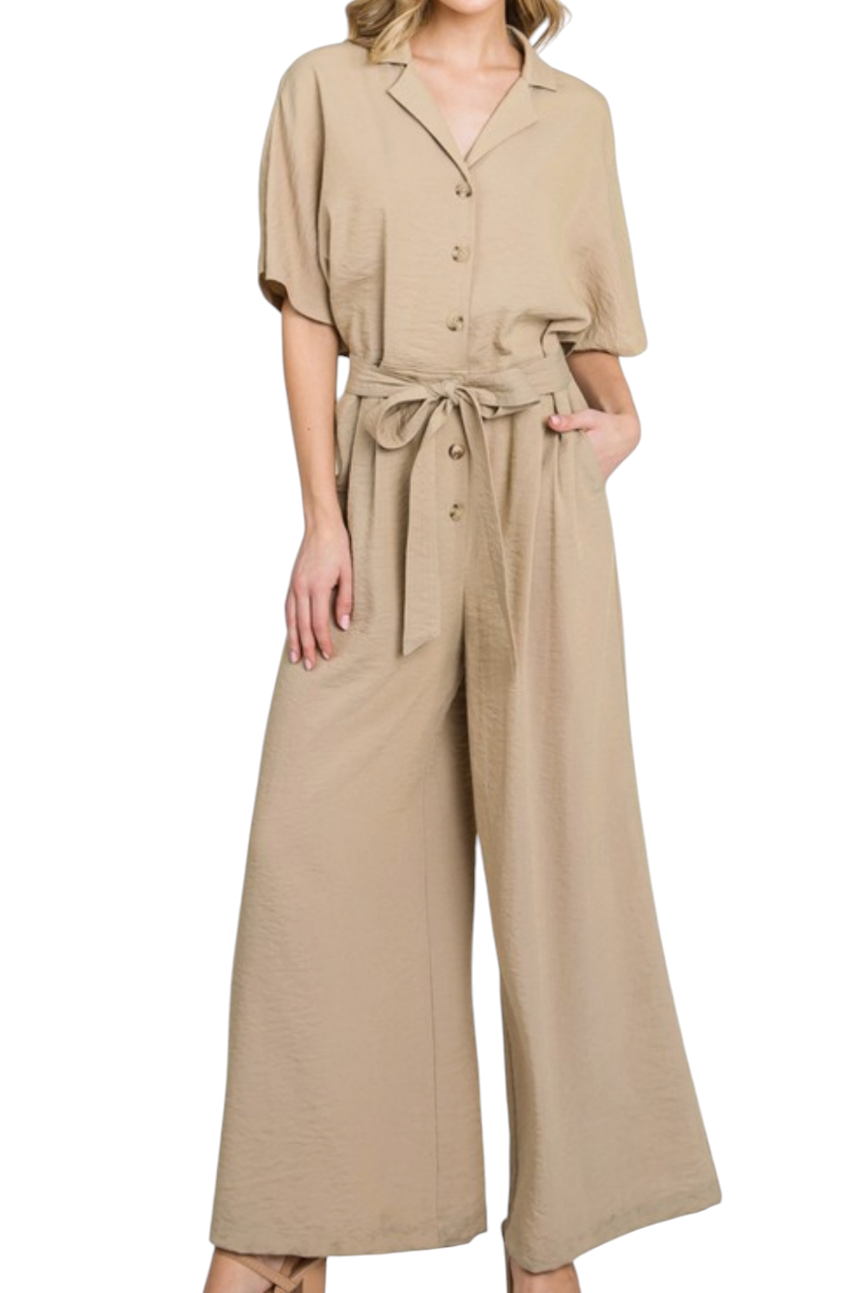 Taupe Button Down Tie Wide Leg Jumpsuit