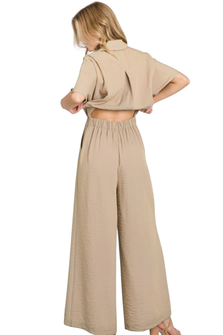 Taupe Button Down Tie Wide Leg Jumpsuit