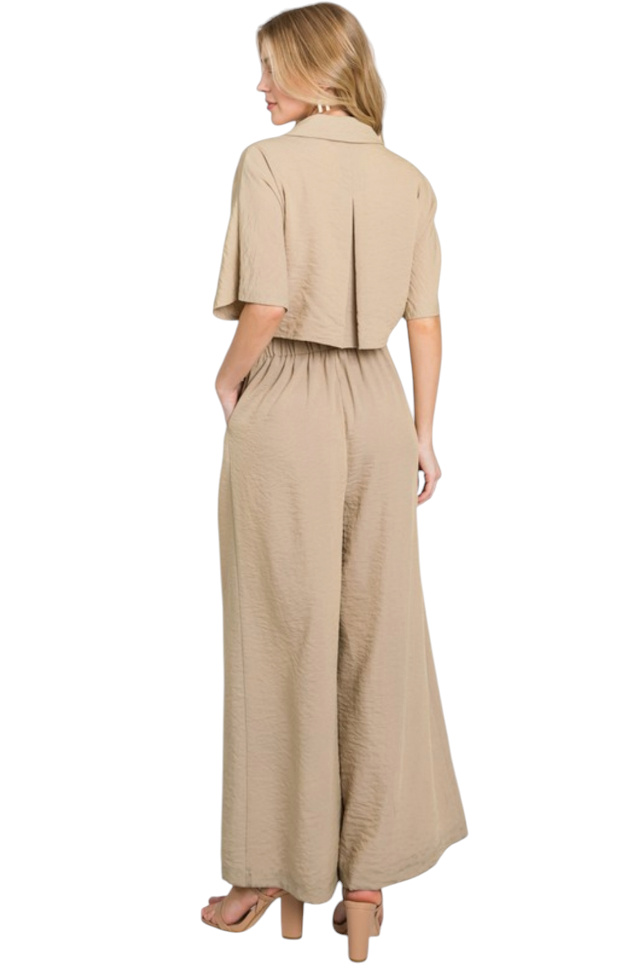 Taupe Button Down Tie Wide Leg Jumpsuit