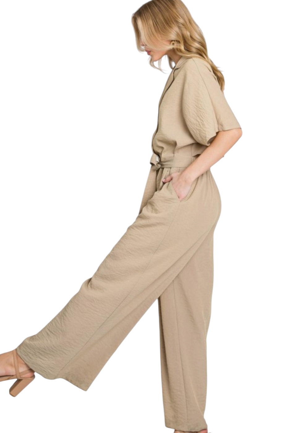 Taupe Button Down Tie Wide Leg Jumpsuit