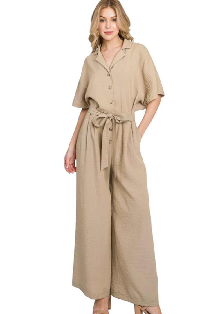 Taupe Button Down Tie Wide Leg Jumpsuit