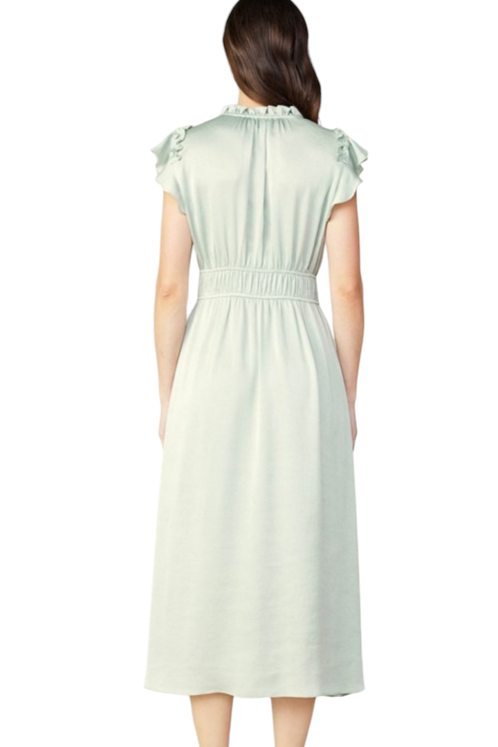 Silver Sage Split Neck Flutter Sleeve Dull Satin Midi Dress