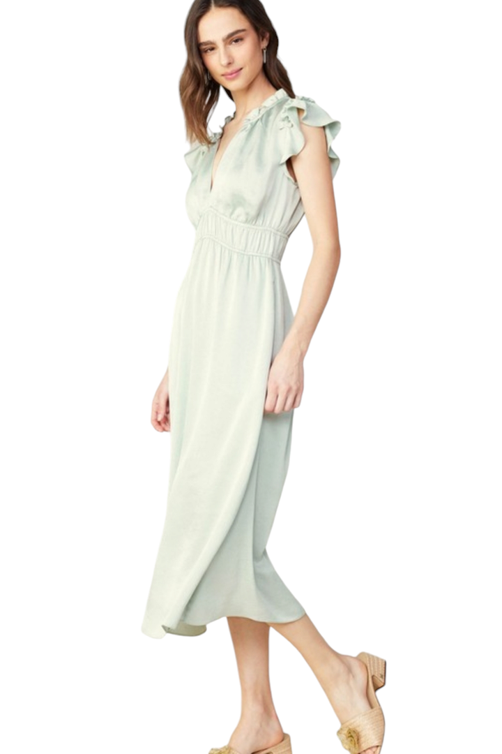 Silver Sage Split Neck Flutter Sleeve Dull Satin Midi Dress