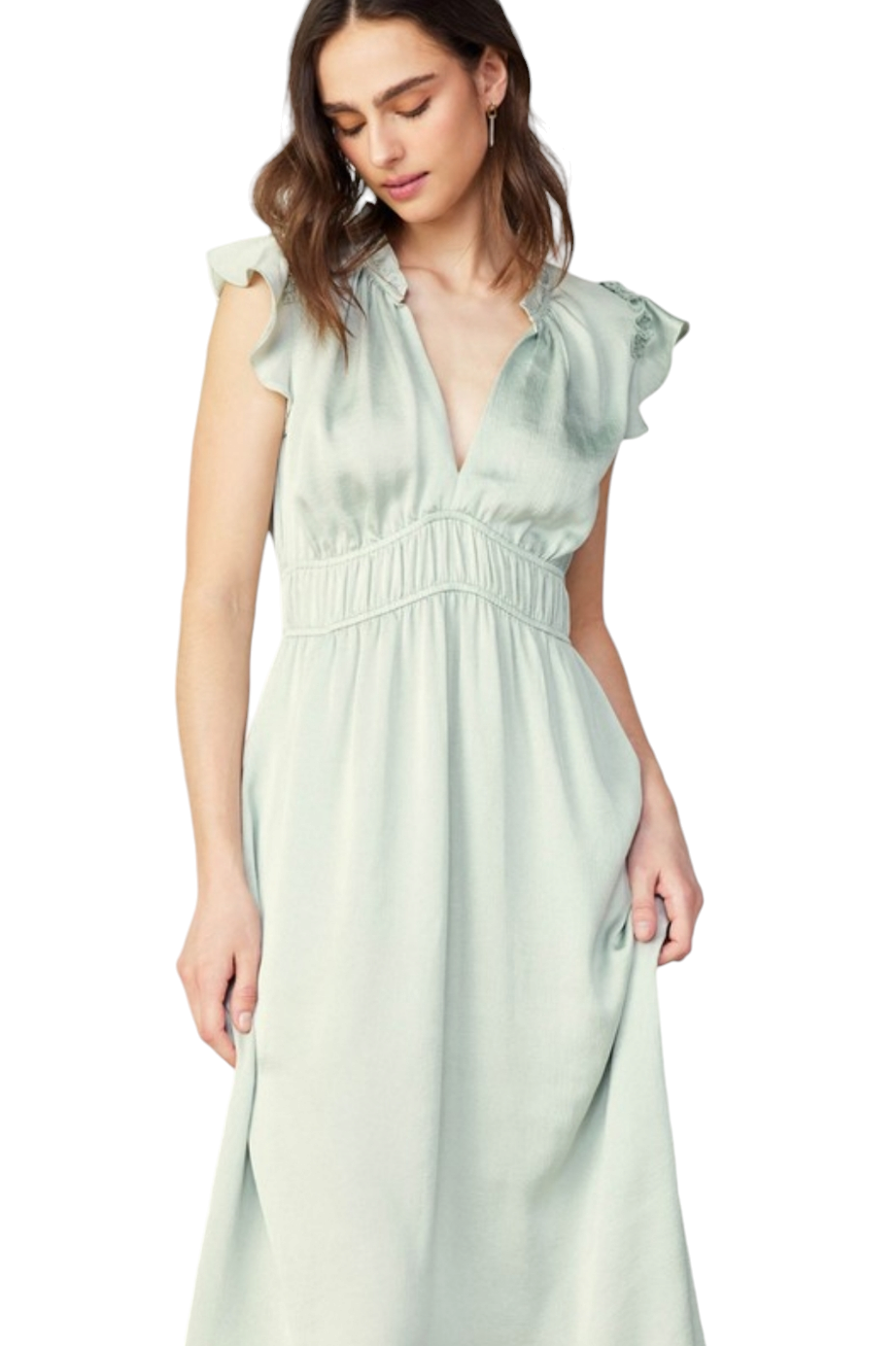 Silver Sage Split Neck Flutter Sleeve Dull Satin Midi Dress