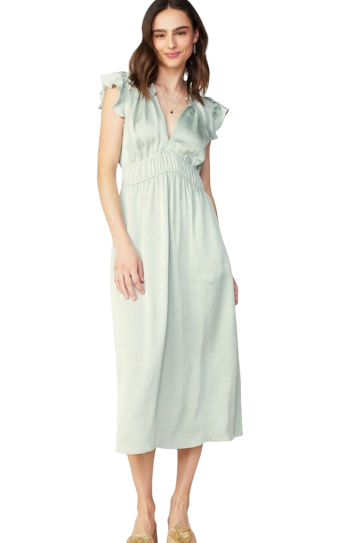 Silver Sage Split Neck Flutter Sleeve Dull Satin Midi Dress