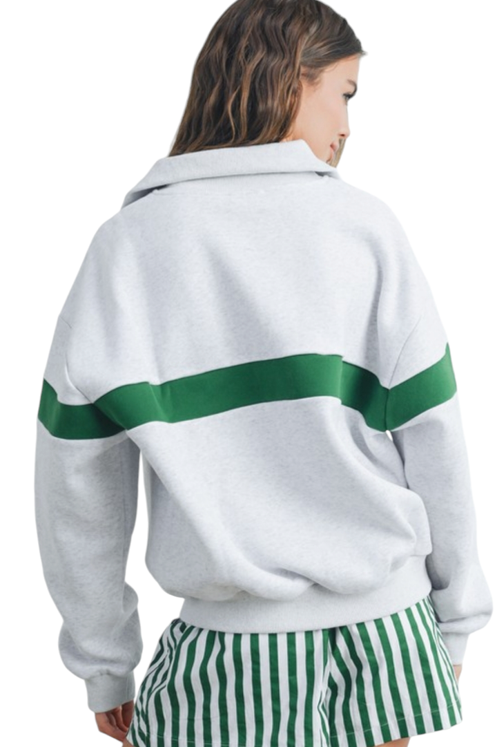 Heather White Green Stripe Half Zip Pullover Sweater