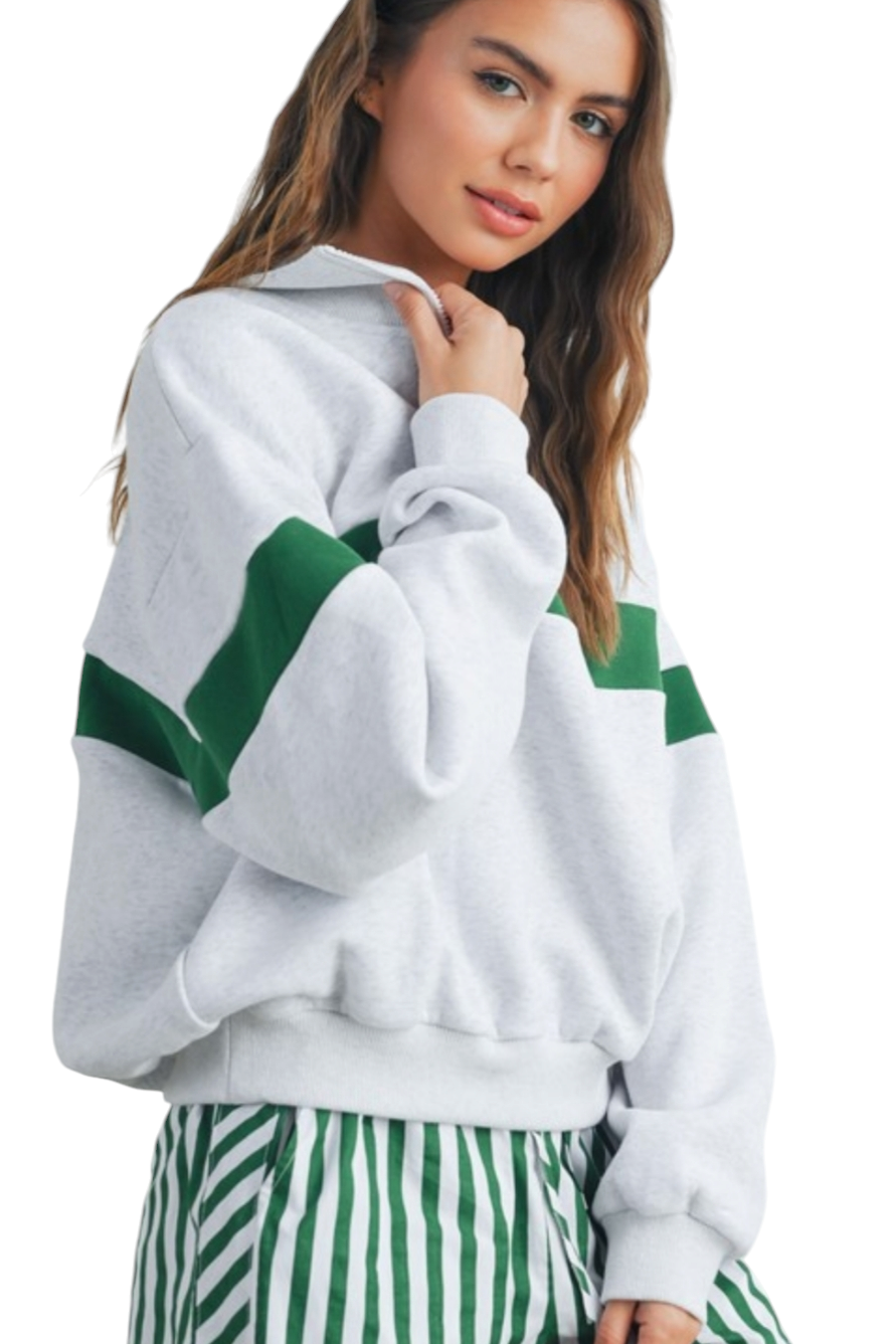 Heather White Green Stripe Half Zip Pullover Sweater