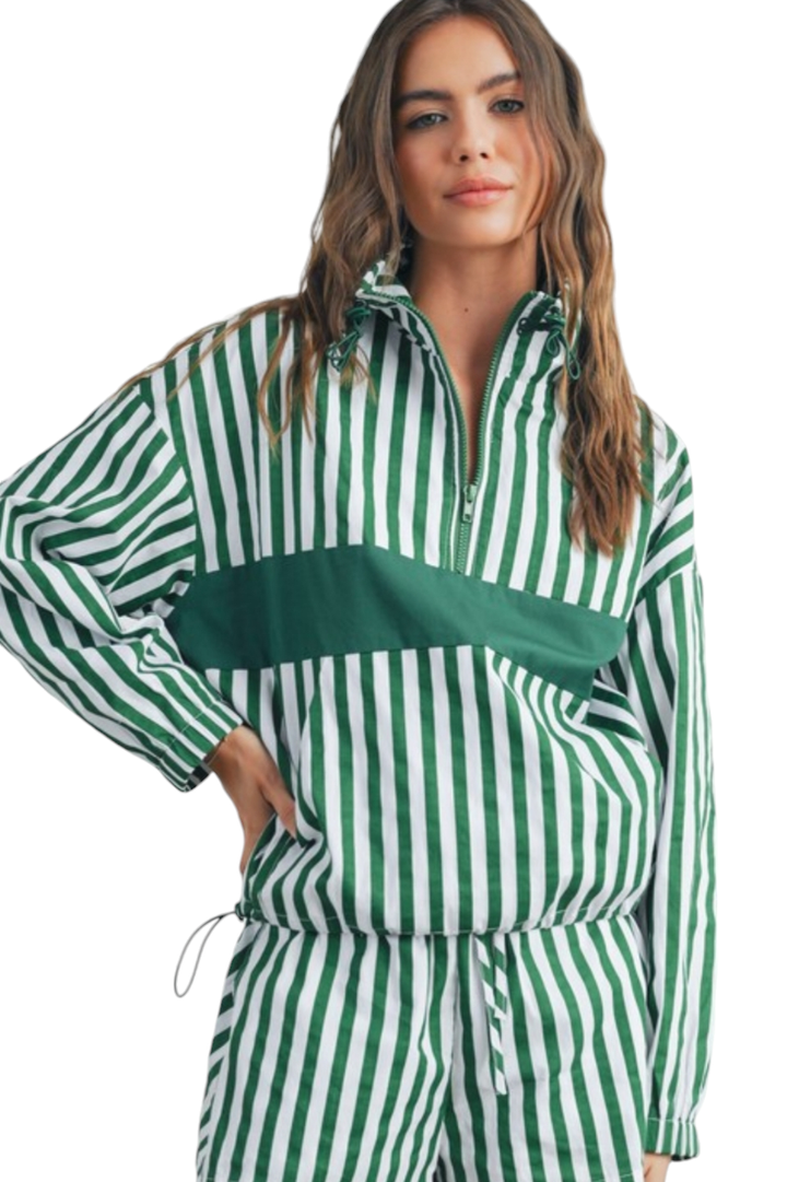 Green & White Striped Half Zip Drawstring Pullover Jacket