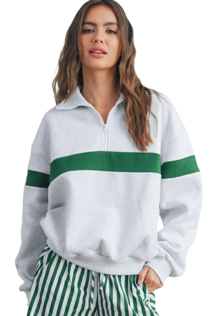 Heather White Green Stripe Half Zip Pullover Sweater