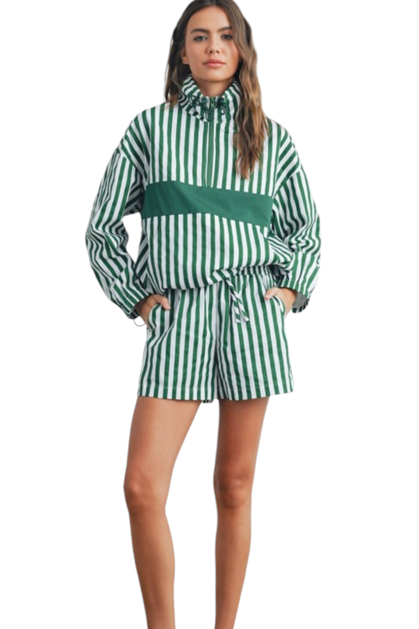 Green & White Striped Half Zip Drawstring Pullover Jacket