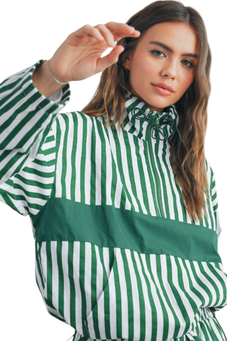 Green & White Striped Half Zip Drawstring Pullover Jacket