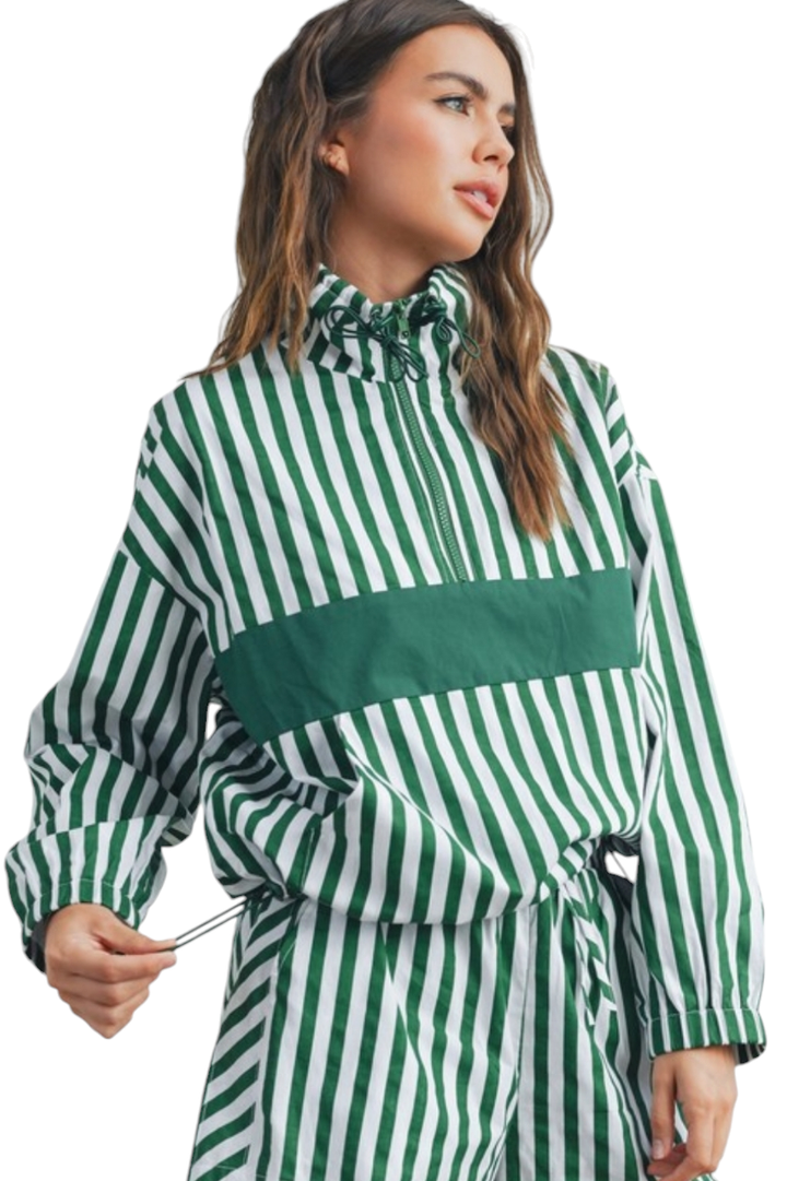 Green & White Striped Half Zip Drawstring Pullover Jacket