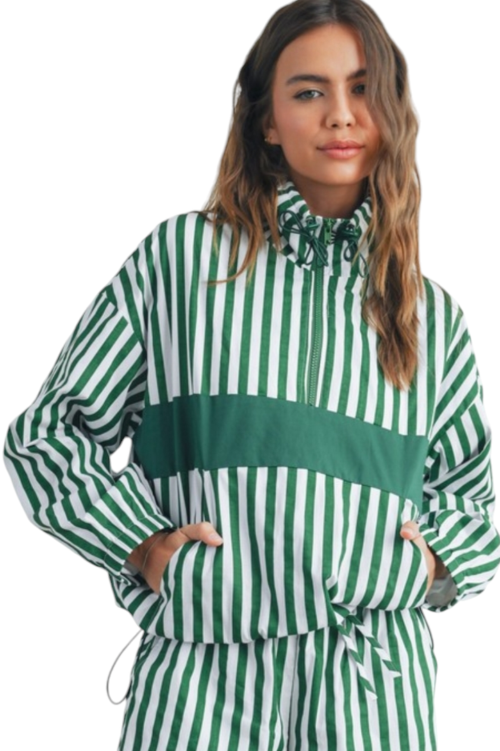 Green & White Striped Half Zip Drawstring Pullover Jacket