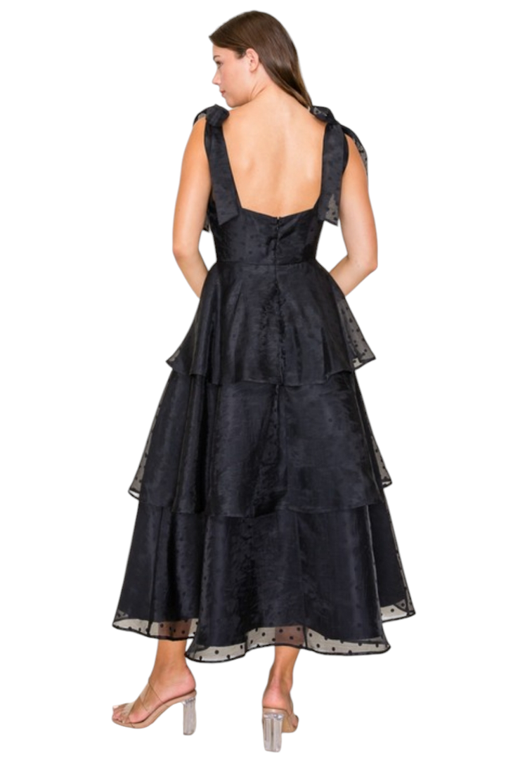 Black Dot Satin Puff Tiered Maxi Dress