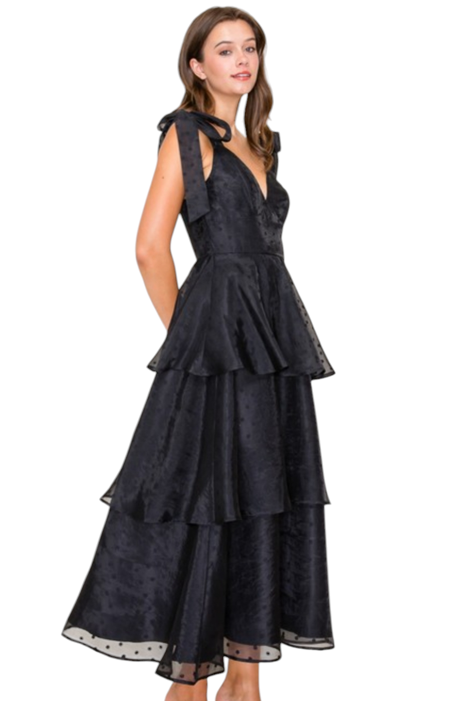 Black Dot Satin Puff Tiered Maxi Dress