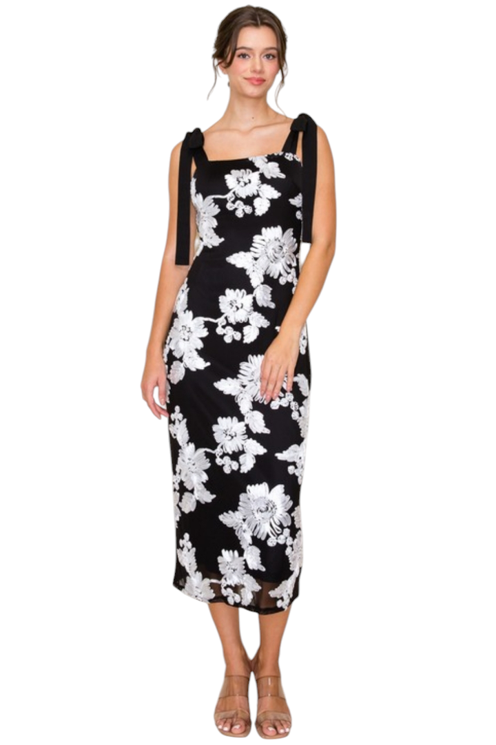 Allure Black & White Embroidered Midi Dress