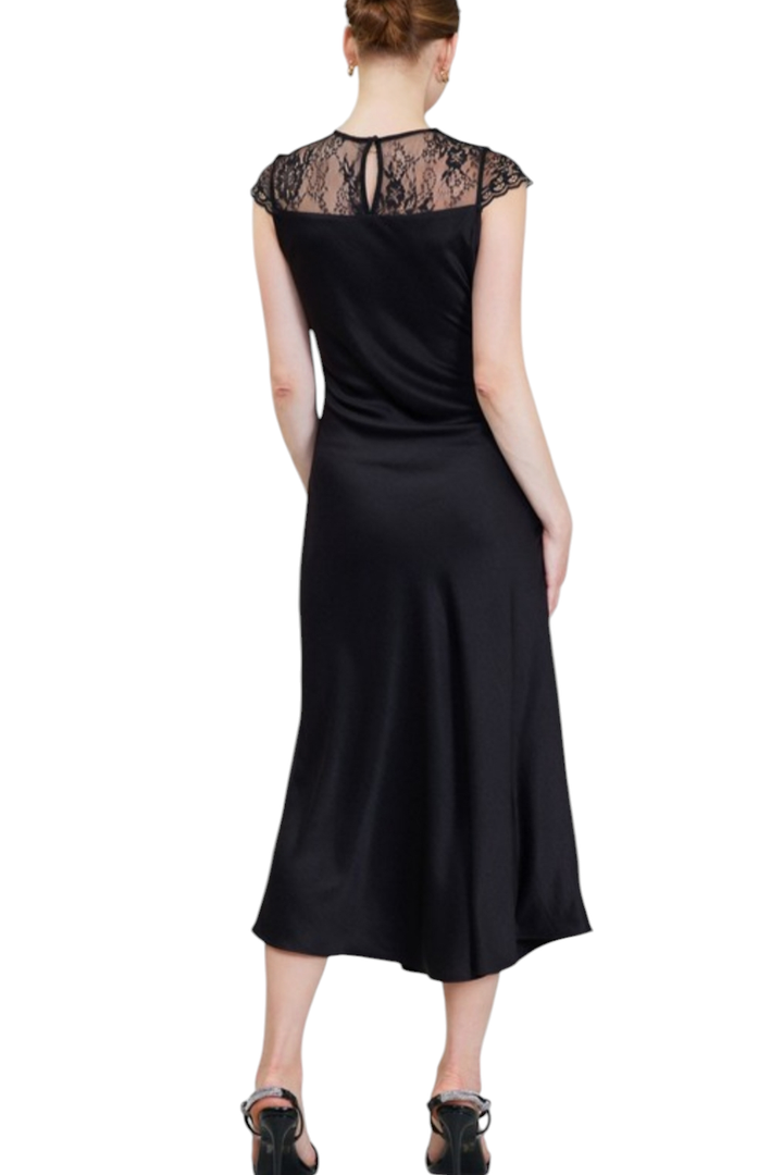 Black Cap Sleeve Lace Trim Midi Dress