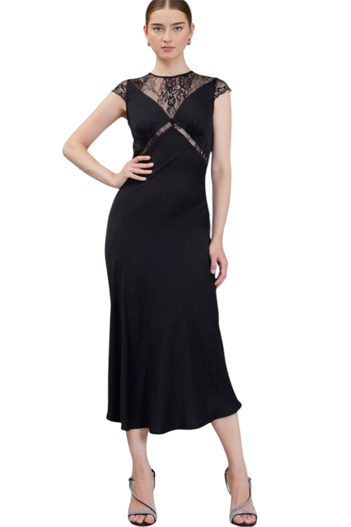 Black Cap Sleeve Lace Trim Midi Dress