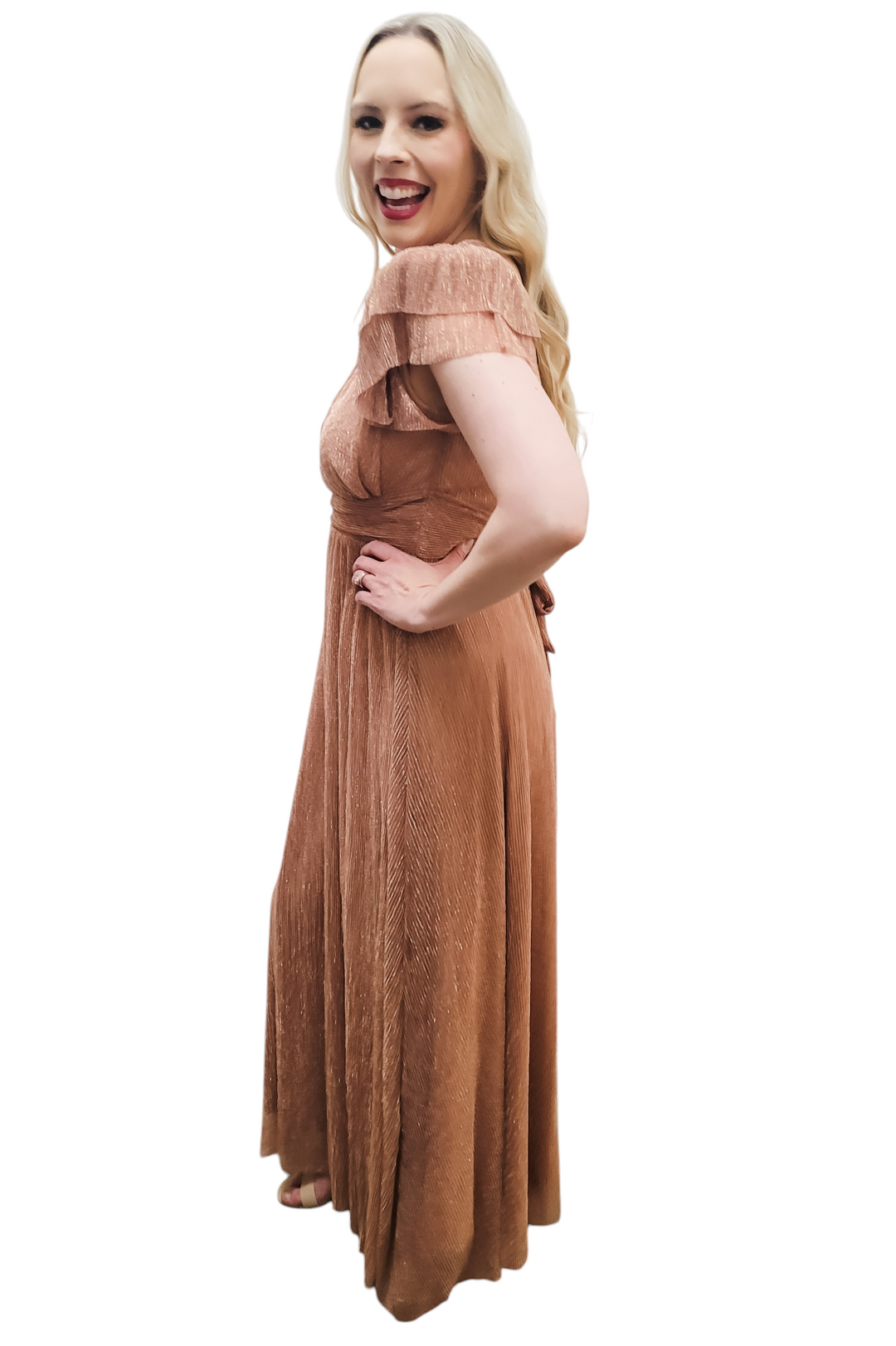 Rose Gold Metallic Pleated Maxi Dress