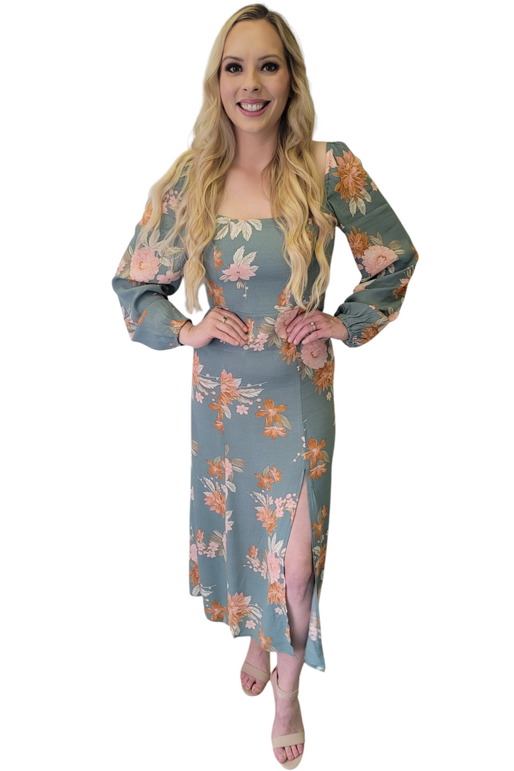 Jasper Peach Caramel Floral LS Midi Dress