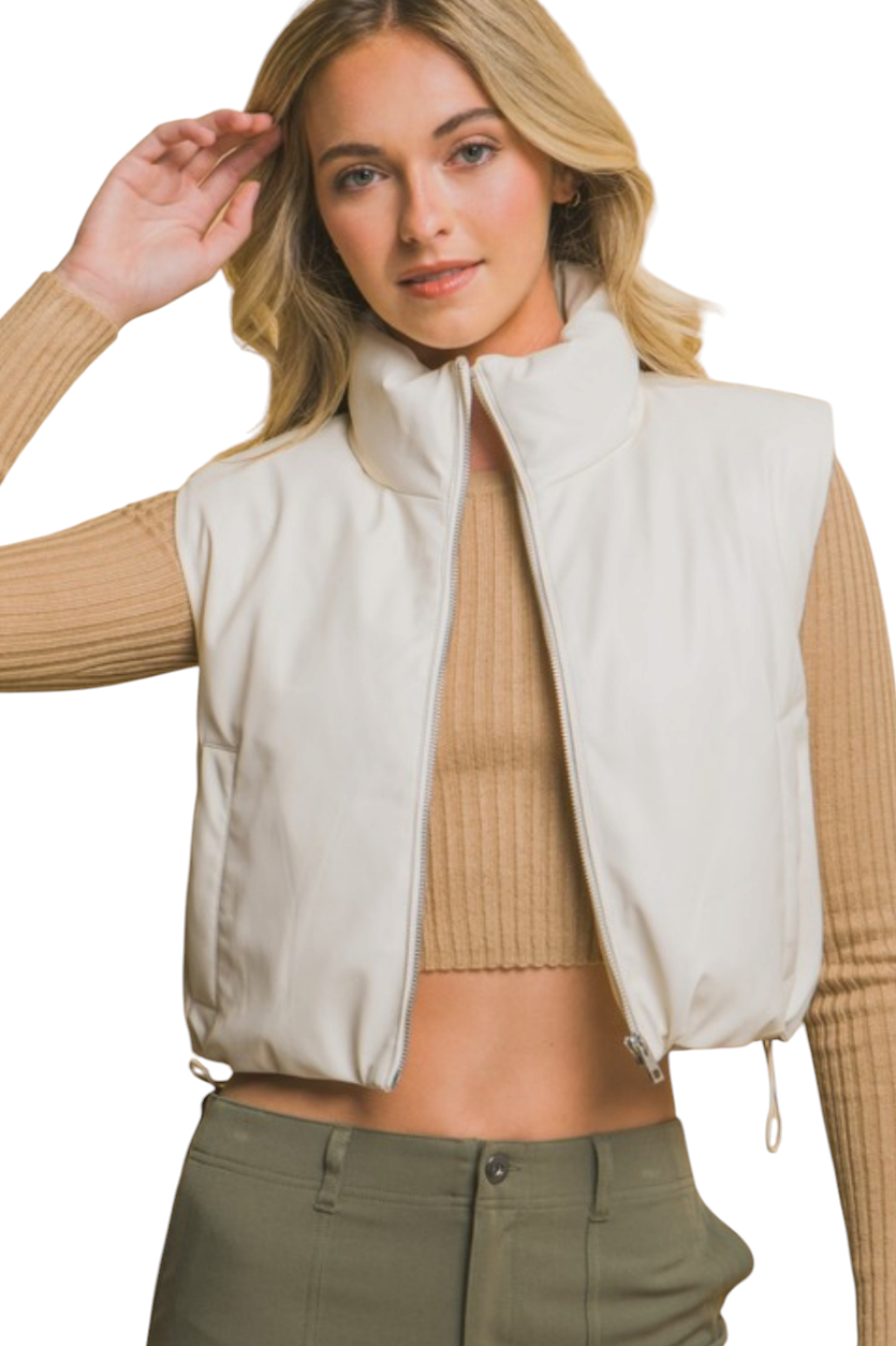 Ivory Faux Leather Cropped Vest