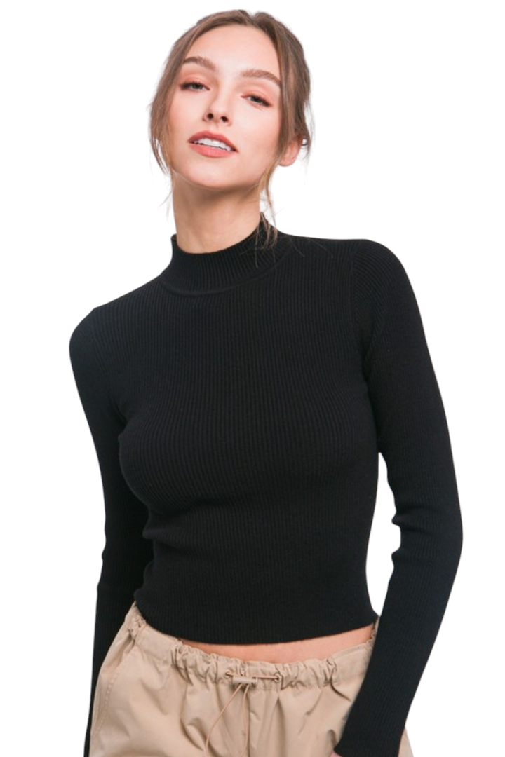 Black Ribbed Mock Neck Sweater