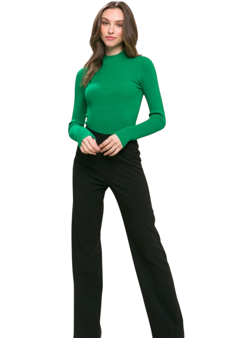 Green Ribbed Mock Neck Sweater