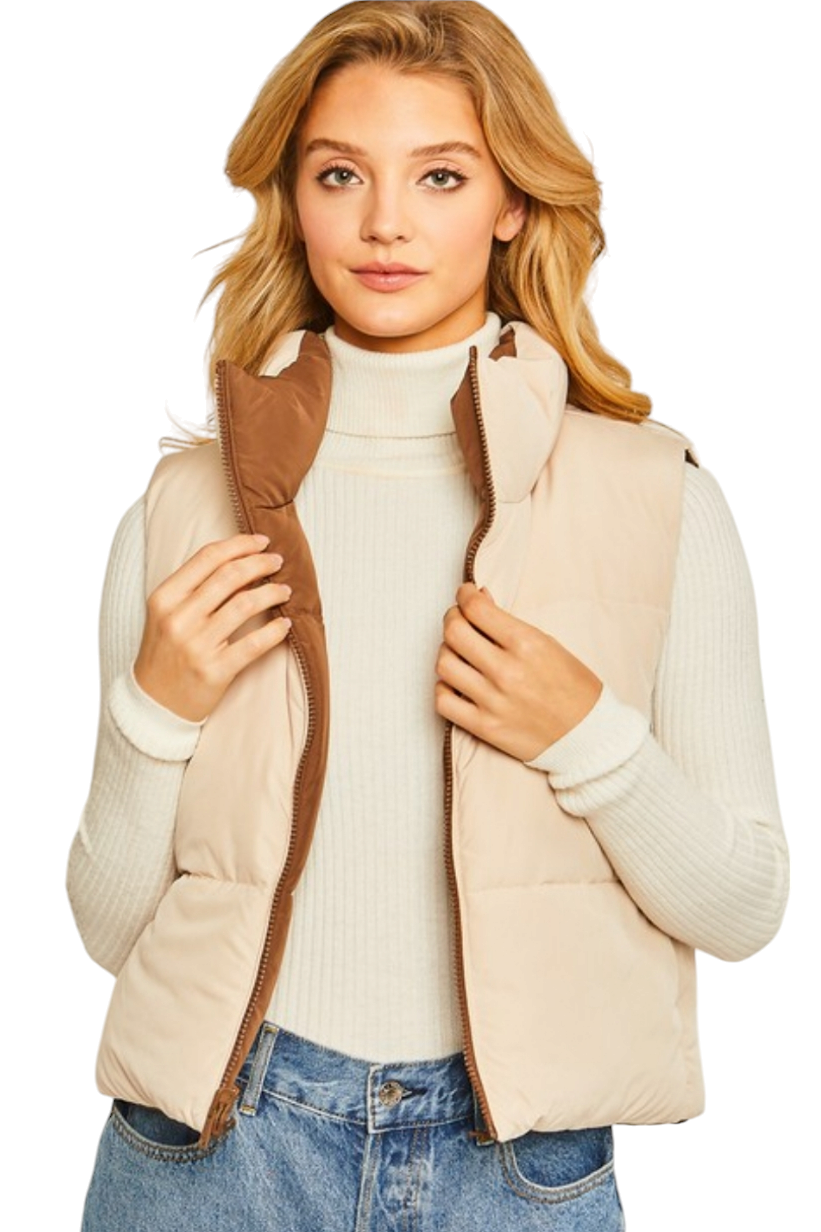 Cocoa & Khaki Reversible Crop Puffer Vest