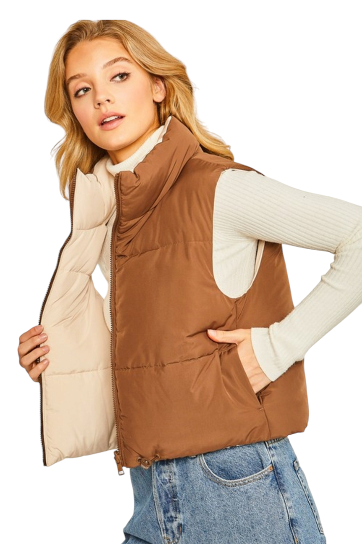 Cocoa & Khaki Reversible Crop Puffer Vest