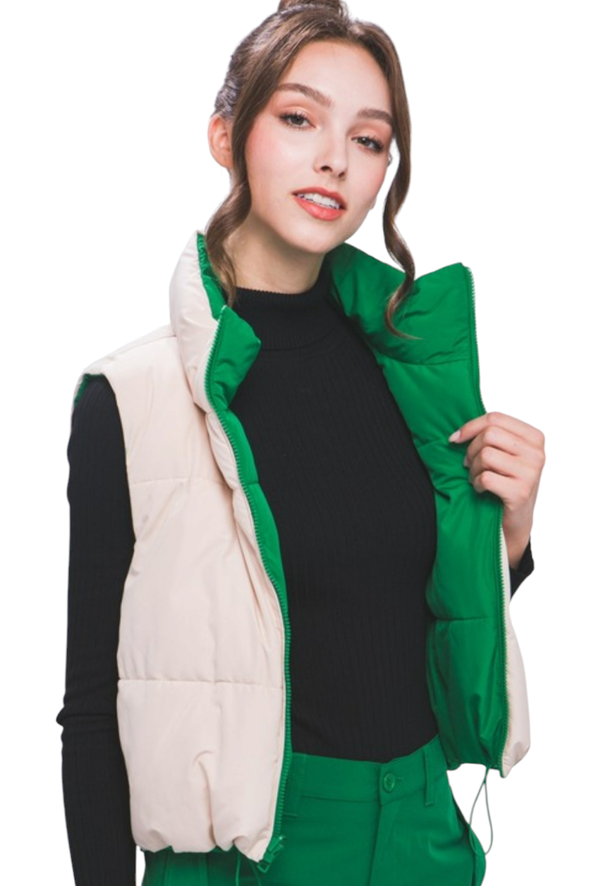 Kelly Green & White Reversible Crop Puffer Vest