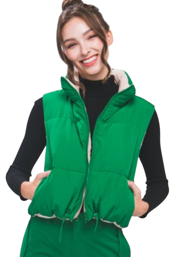 Kelly Green & White Reversible Crop Puffer Vest