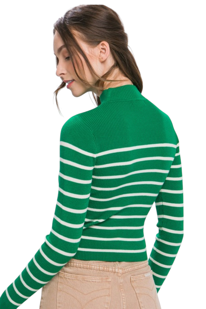 Green Striped Mock Neck Sweater