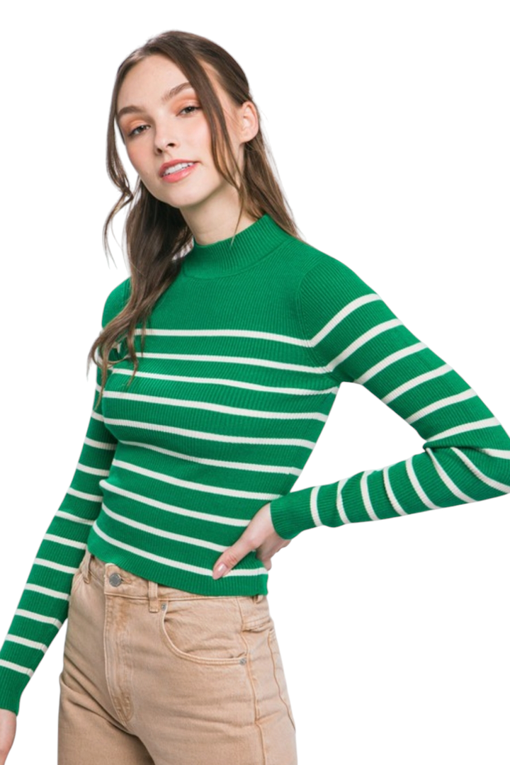 Green Striped Mock Neck Sweater