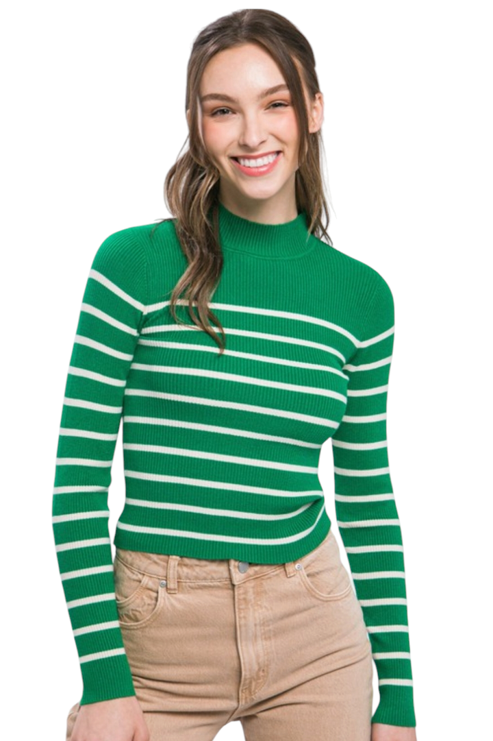 Green Striped Mock Neck Sweater