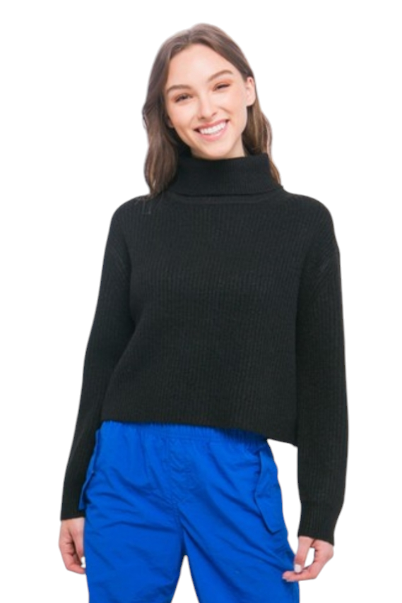 Black Boxy Crop Mock Neck Sweater