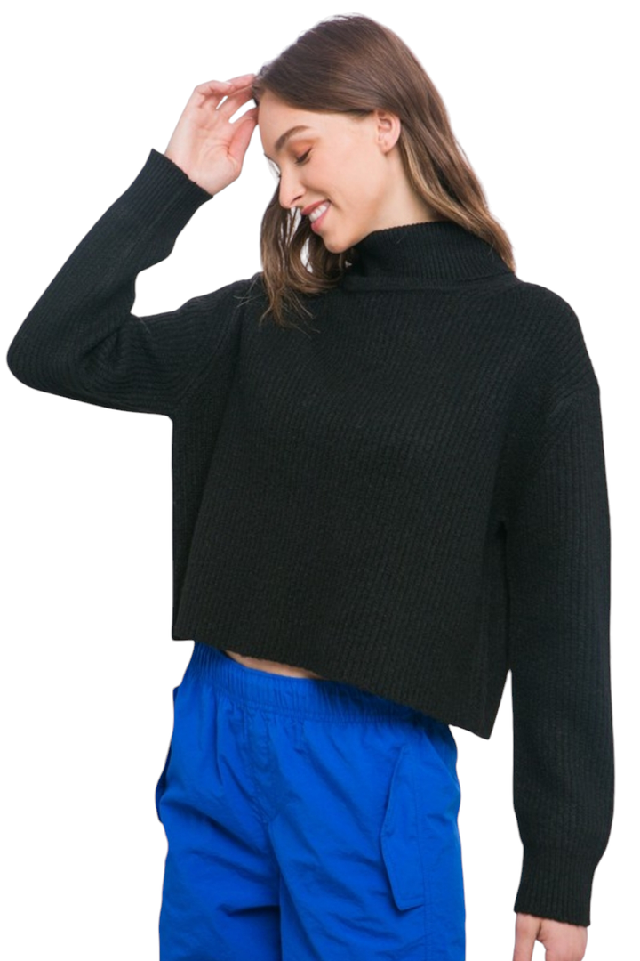 Black Boxy Crop Mock Neck Sweater