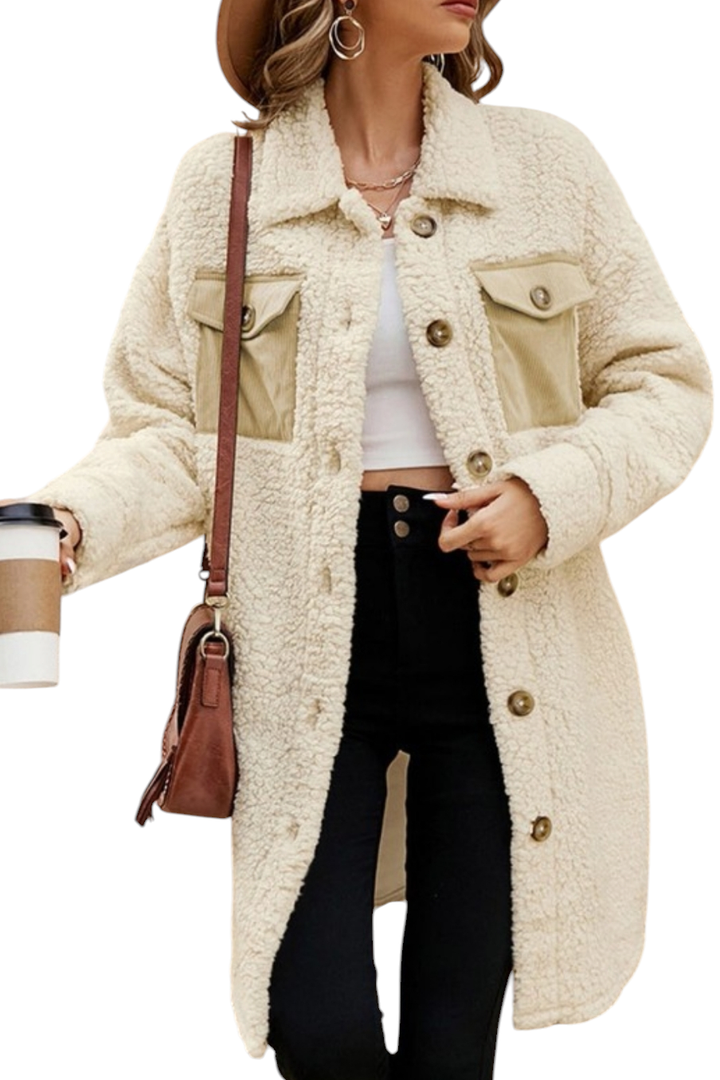 Beige & Khaki Pockets Sherpa Teddy Coat