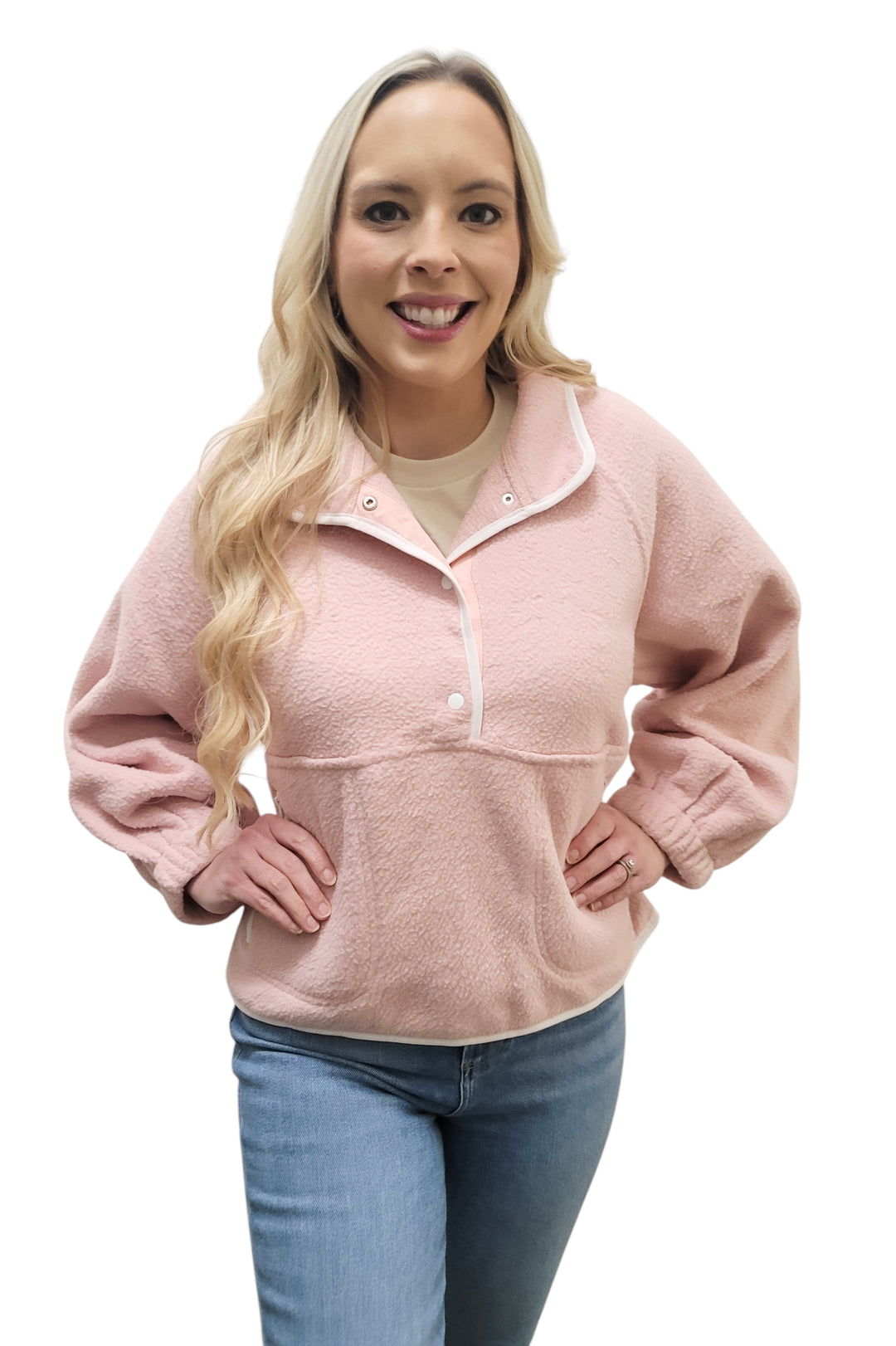 Pink Half Buttoned Fleece Sweatshirt