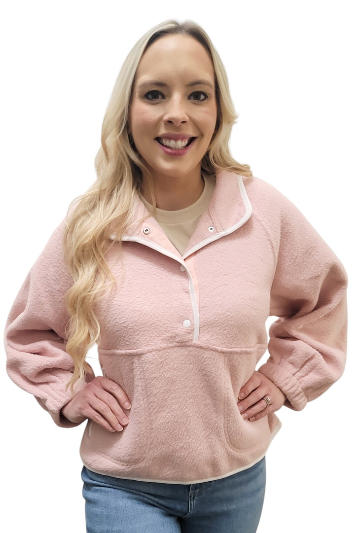 Pink Half Buttoned Fleece Sweatshirt