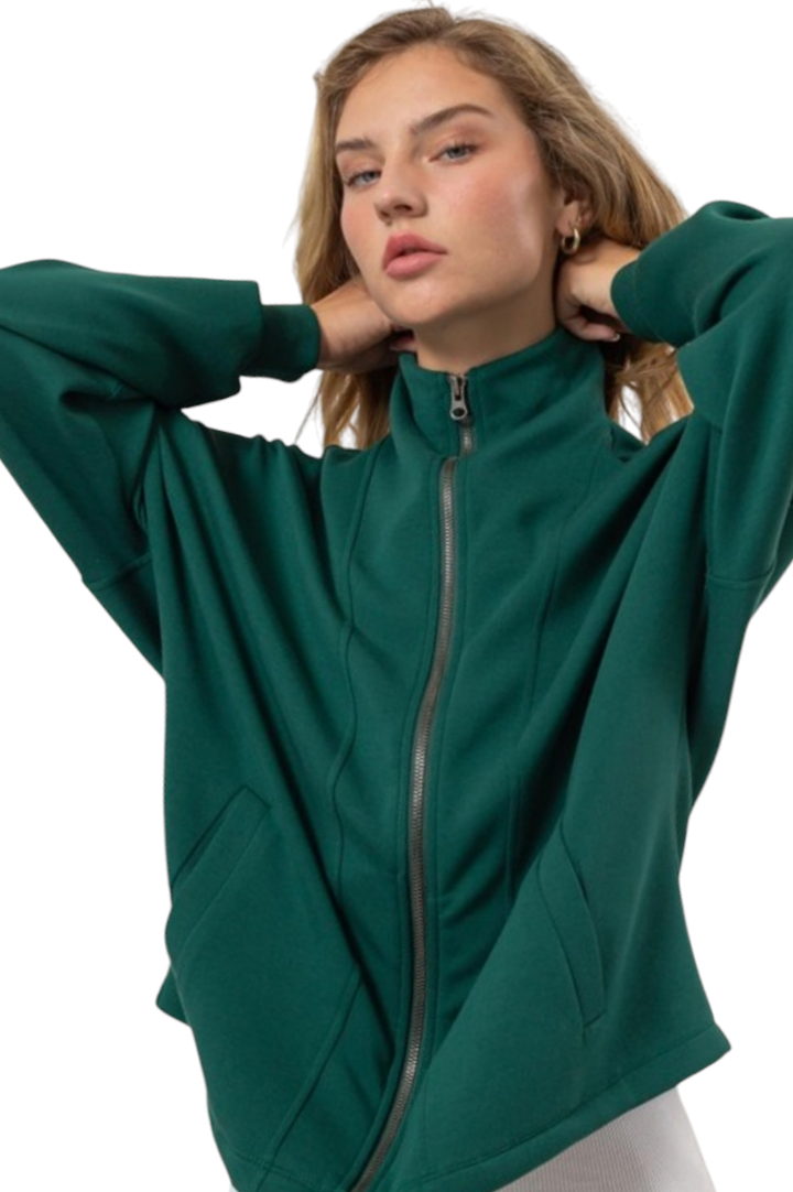 Dark Green Casual Zip-Up Jacket