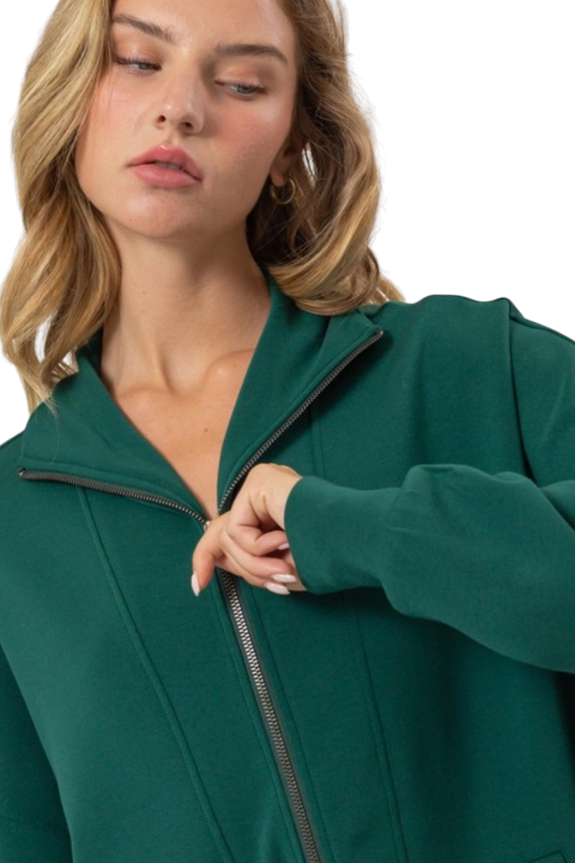 Dark Green Casual Zip-Up Jacket