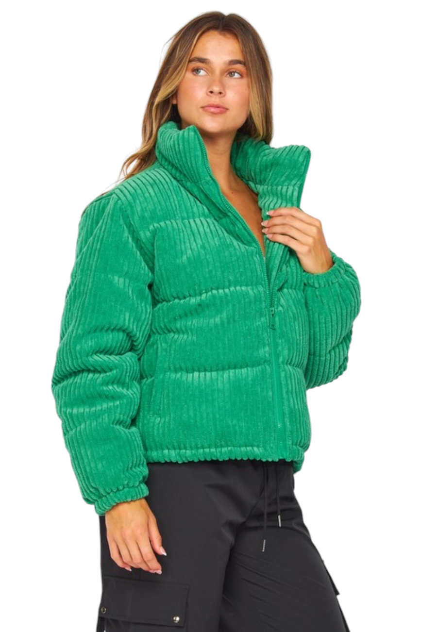 Green Corduroy Zip Puffer Jacket