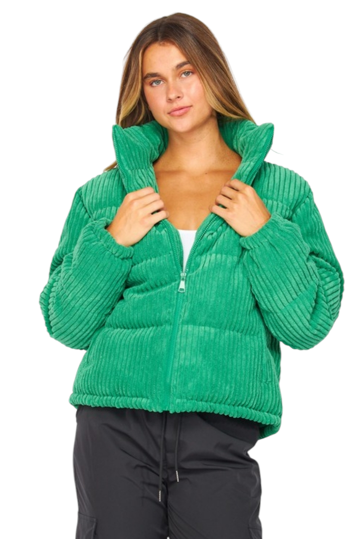 Green Corduroy Zip Puffer Jacket