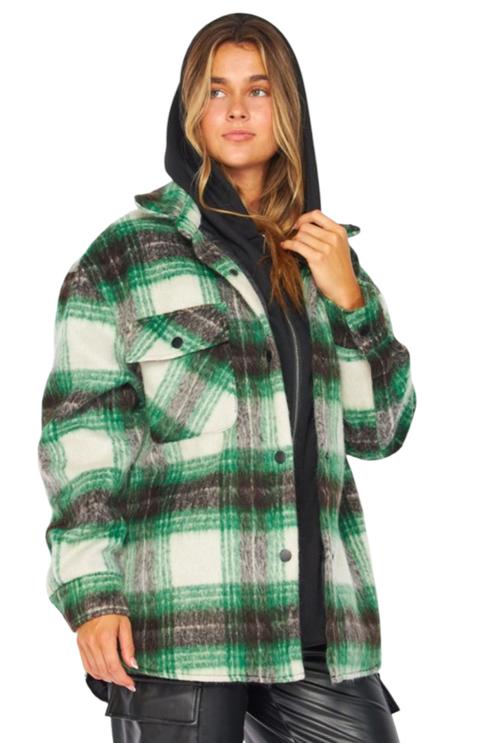 Green Plaid Hoodie Shacket