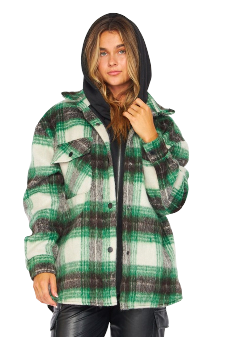 Green Plaid Hoodie Shacket